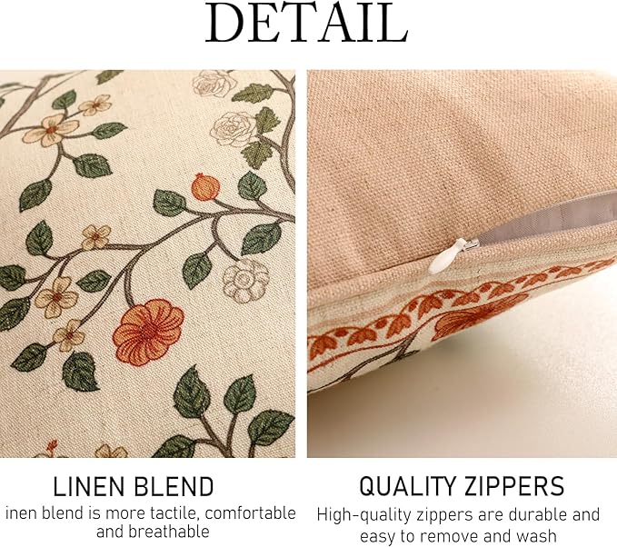 Design Linen Classic Throw Pillow Covers 18"x18" Pack of 2, French Farmhouse Square Cushion Covers with Orange White Floral Pattern Decoration Pillowcases for Bed,Living Room,Outdoor,Car