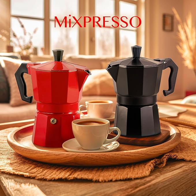 Mixpresso Red 3 Cup Moka Pot Cuban Coffee Maker, Moka Pot for Gas, Electric Stove Top, Classic Italian Coffee Maker, Stovetop Espresso Maker, Camping Pot Makes 3 Espresso Cup 5 Oz