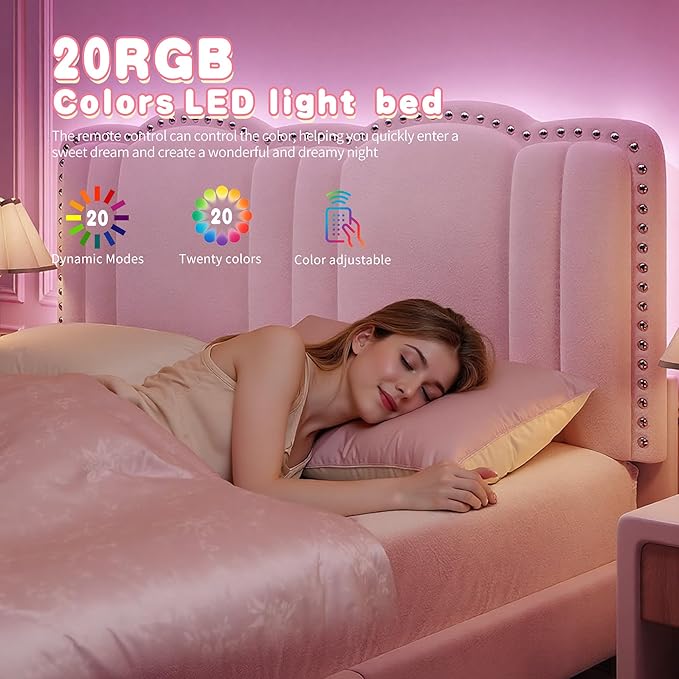 EnHomee Queen Bed Frame with LED and Velvet Headboard, Bed Frame Queen Size with Adjustable Cute Cloud Headboard, Strong Support, Noise Free, No Box Spring Needed, Easy Assembly, Pink