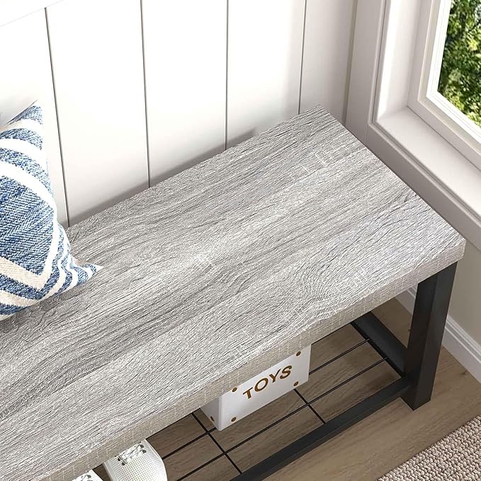 FOLUBAN Entryway Bench, Vintage Wood and Metal Storage Bench with Metal Shelf, Indoor Shoe Rack Bench Seat for Living Room, Bedroom, Hallway, Entrance, Light Grey, 47 Inch