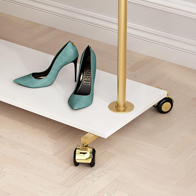 Gold Metal Clothing Rack with Wood Shelf, Heavy Duty Rolling Garment Rack with Wheels for Bedroom Retail Boutique Use (49.21L inches)