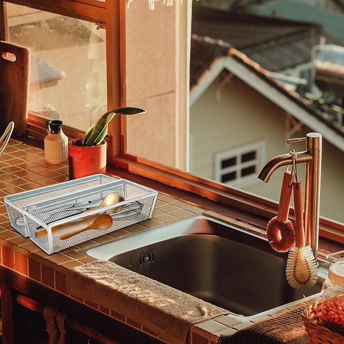 4PCS Drawer Organizer for Kitchen, Utensil Mesh Organizer With Interlocking Arm for Cosmetic, Flatware, Pen (9 * 3 * 2 Inches, Grey)