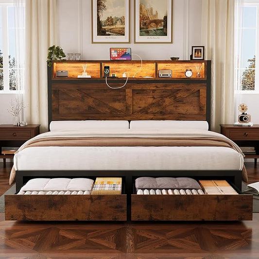 Farmhouse Full Bed Frame with Bookcase Storage Headboard, Charging Station, LED Light and 2 Storage Drawers, Noise Free, No Box Spring Needed, Brown