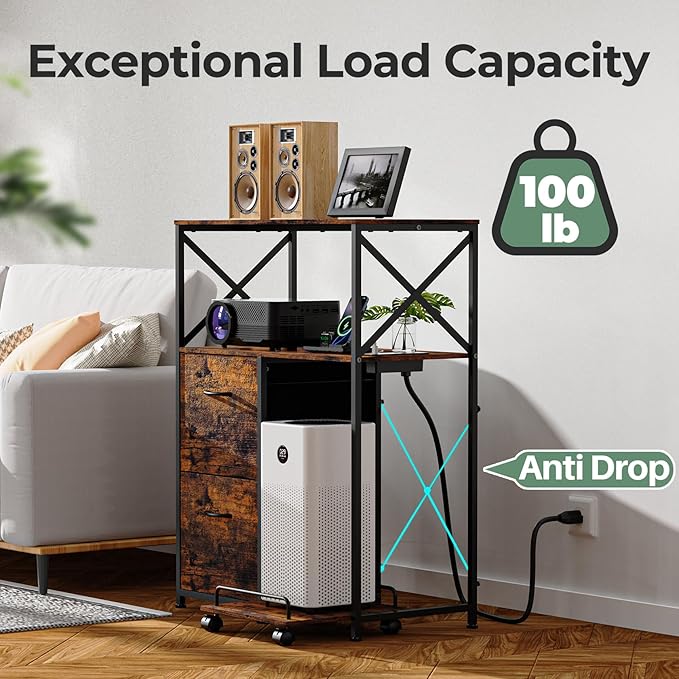 Printer Stand for Home Office, 31.5 x15.7 x 40 Inches Large Mobile Printer Table with Adjustable Storage Shelf, 2 Drawer File Cabinets Rolling Cart with Wheels for Host Computer - Rustic Brown