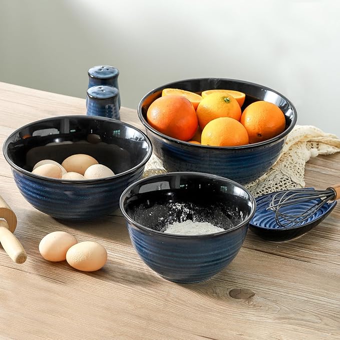 Ceramic Mixing Bowls,Large Serving Bowls 2.1/1.5/1.0 Qt,Salad Bowls Set of 3 for Kitchen Space Saving Storage,Nesting Bowls for Popcorn,Soup,Fruit, Microwave & Dishwasher Safe,Navy Blue