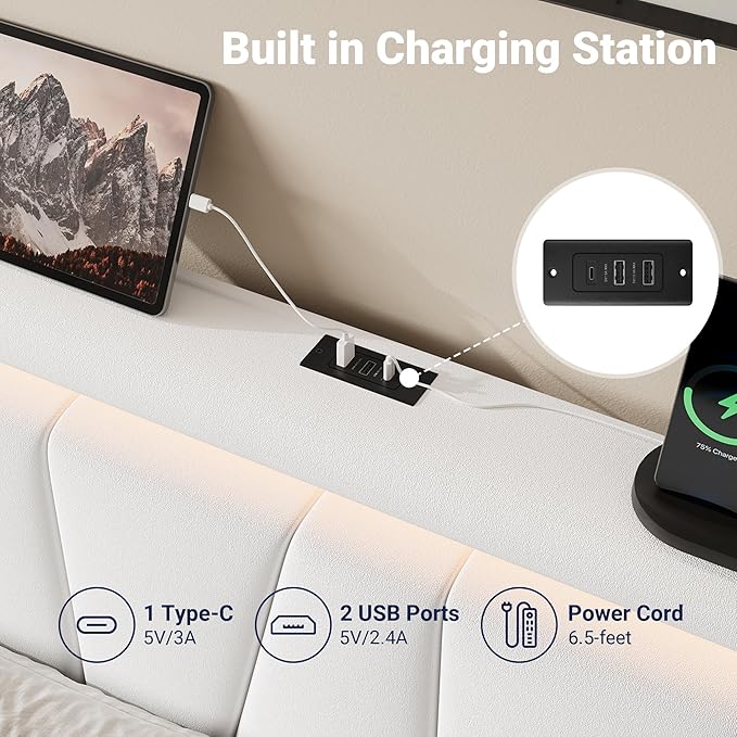 Allewie King Size LED Bed Frame with Charging Station, Velvet Upholstered Platform Bed with Geometric Wingback Headboard, Modern Frame with No Box Spring Needed, Easy Assembly, White