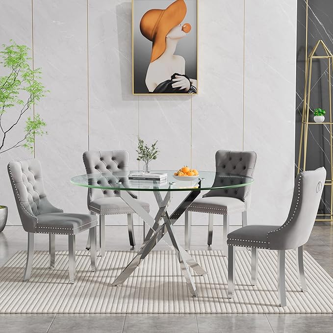 Goujxcy 5 Piece Round Glass Dining Table Set for 4, 47" Round Dining Table & Chair Set Modern Circle Glass Kitchen Table and 4 Velvet Upholstered Chairs for Kitchen Dining (Silver Table & Grey Chair)