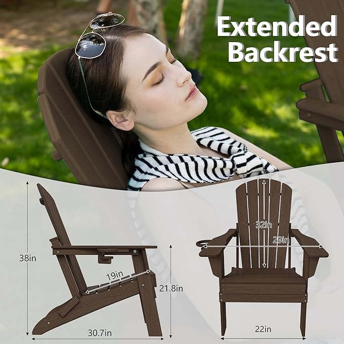 Plawdlik Folding Adirondack Chair Set of 4, Cup Holder，Wooden Textured ，Heavy All-Weather HDPE Comfortable Set Poolside Backyard Lawn Coffee