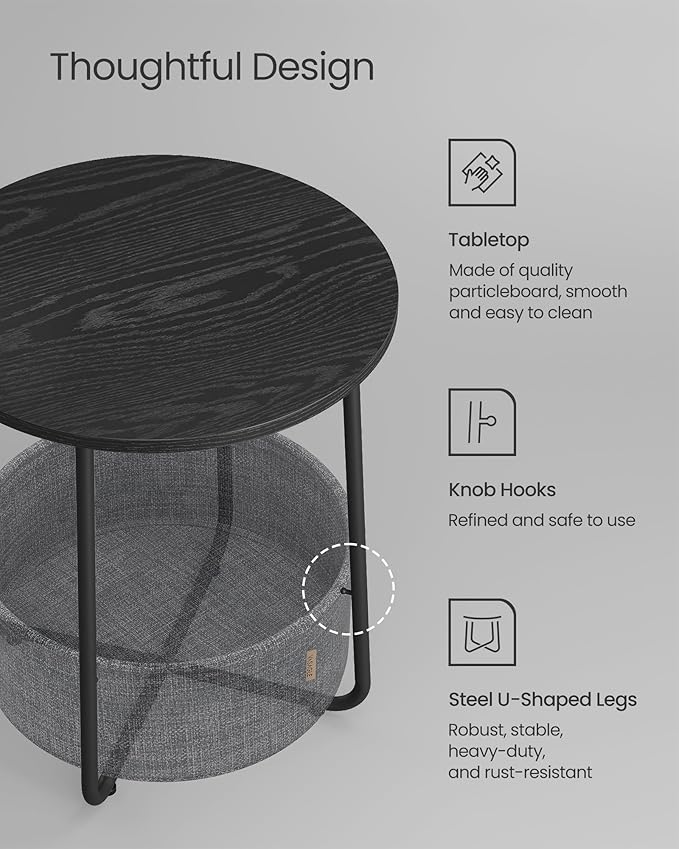 VASAGLE Small Round Side End Table, Modern Nightstand with Fabric Basket, Ebony Black and Slate Gray ULET223B01