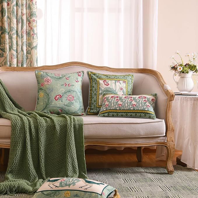 patdrea Designer Pack of 2 Square Throw Pillow Covers,French Vintage Rustic Linen with Green Floral Pattern Pillows Cover,Decorative Pillowcases Cushion for Bed Living Room Outdoor Car,18"x18"