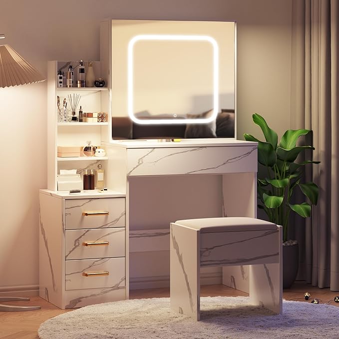 Vanity Desk With Mirror and LED Lights, Makeup Vanity Desk With Sliding Mirror, Power Outlet, 3 Color Adjustable Light, Dressing Table With 4 Drawers, Storage Shelves & Stool for Bedroom, Marble-White