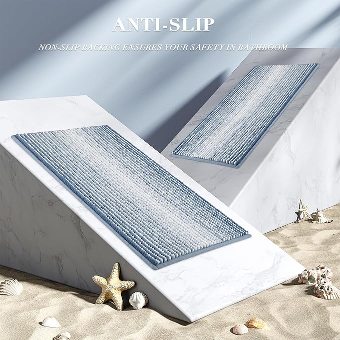 BSICPRO Bathroom Rugs and Mats Sets, 2 Piece Thick Absorbent Chenille Non Slip, Soft Shaggy Floor Mats, Machine Washable (Fog Blue, 20" x 47" Plus 16" x 24")