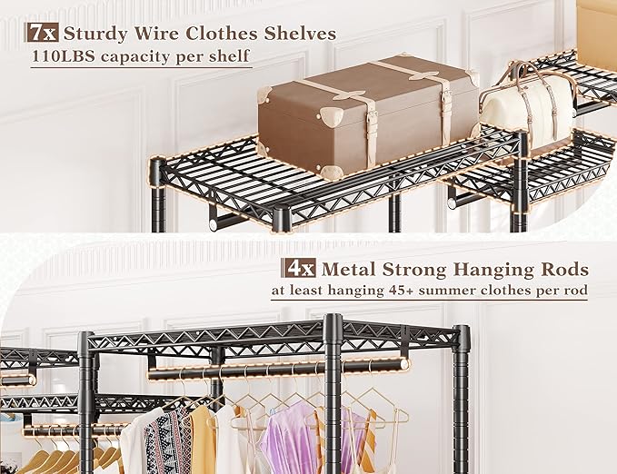 Raybee Clothes Rack Heavy Duty Clothing Racks for Hanging Clothes Adjustable Hanging Clothes Rack Garment Rack, Black, 13.9" D x 70.6" W x 77" H