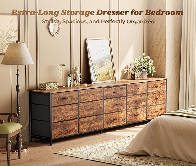 Huuger 78.7 inch Long Dresser for Bedroom, 15 Drawer Fabric Dresser for Closet, Large TV Stand for 65, 75, 85 inch TV, Wide Chest of Drawer with Storage, 78.7" W x 12.9" D x 26.7" H, Rustic Brown