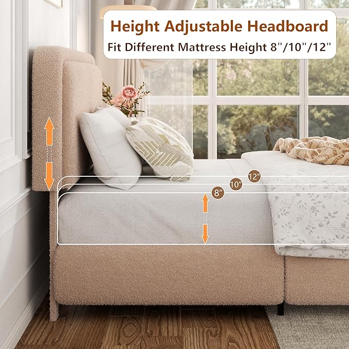 King Size Bed Frame with Headboard Adjustable, Boucle Upholstered Platform King Bed Frame, Anti-Collision Soft Rounded Corners, No Box Spring Needed, Noise-Free, Easy Assembly, Brown