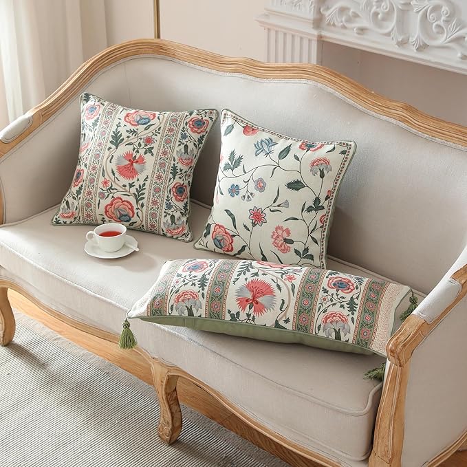 Design Square Retro Elegance Linen Throw Pillow Covers 18"x18" Pack of 2, Green Pink Floral Pattern Cushion Covers Decor Pillowcases for Bed,Living Room,Outdoor,Car