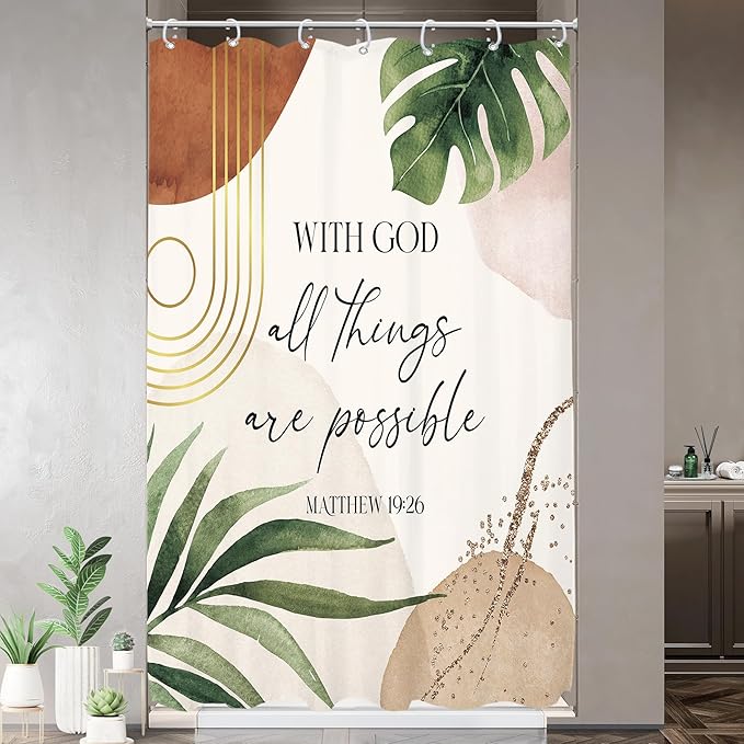 Glawry Boho Bible Verse Small Shower Curtain Stall RV Narrow Inspirational Scriptures Quotes Palm Leaf Abstract Bathroom Mid Century 48Wx72L Inches Bath Accessories Art Home Decor Fabric 8 Pack Hook