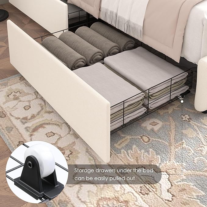 Keyluv Modern Upholstered Bed Frame with 4 Storage Drawers, Button Tufted Headboard Design, Solid Wooden Slat Support, Easy Assembly, Fabric, Beige, Queen Size