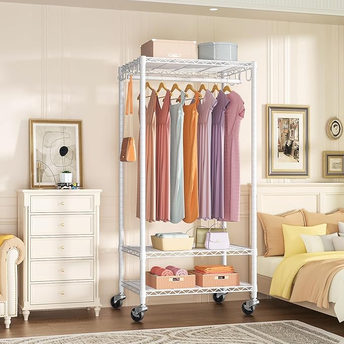 FUTASSI P6 Medium Rolling Clothes Rack Heavy Duty, Clothing Racks for Hanging Clothes, Freestanding Garment Rack with Wheels, Portable Closet Rack Max Load 370 LBS, 30''W x 14''D x 77.6''H, White
