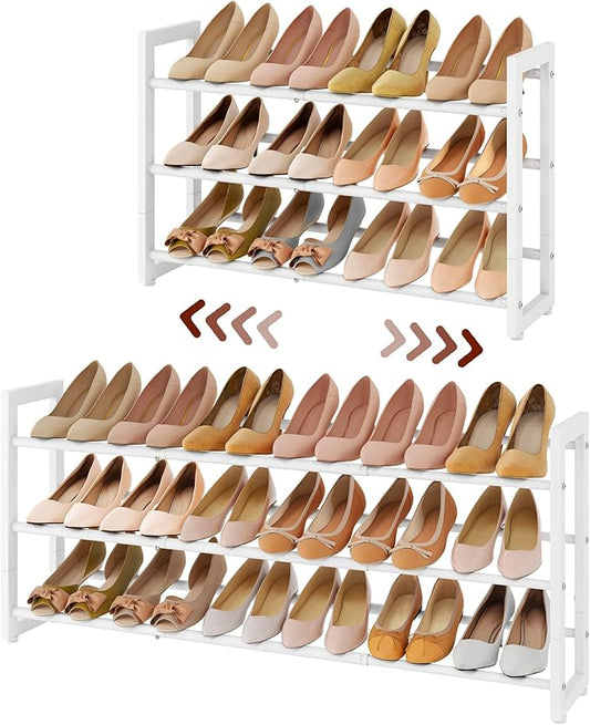 FAVOOSTY 3-Tier Expandable Shoe Rack, Adjustable Shoe Shelf Storage Organizer Space Saving Metal Free Standing Shoe Rack for Entryway Closet Doorway, White
