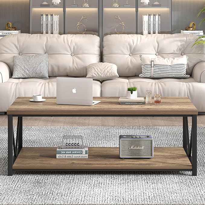 FOLUBAN Modern Coffee Table, Living Room Center Table with Storage, Wood and Metal Cocktail Table, Rustic Oak, 47 Inch
