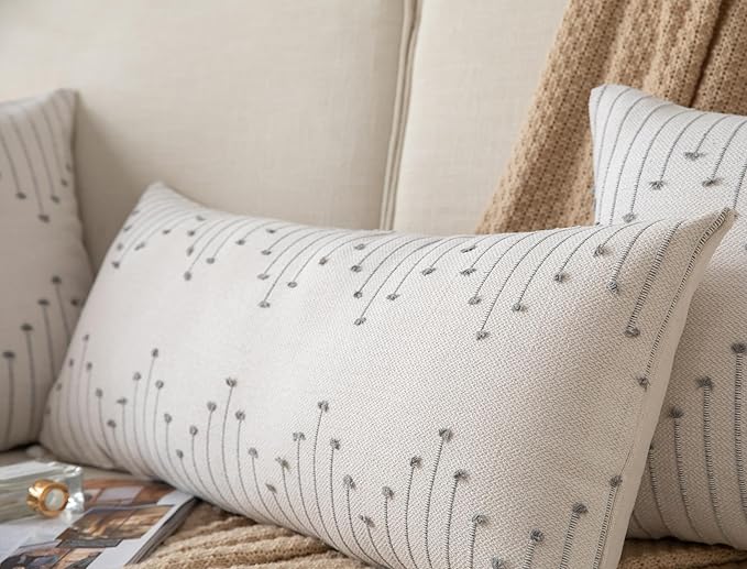 Caflife Boho Lumbar Pillow Cover 14x36 Long Pack of 1 Decorative Pillows Bed, Beige with Grey Body Throw Pillow Covers, for Modern Farmhouse Sofa Bedroom Living Room Home Decor Couch Pillowcase
