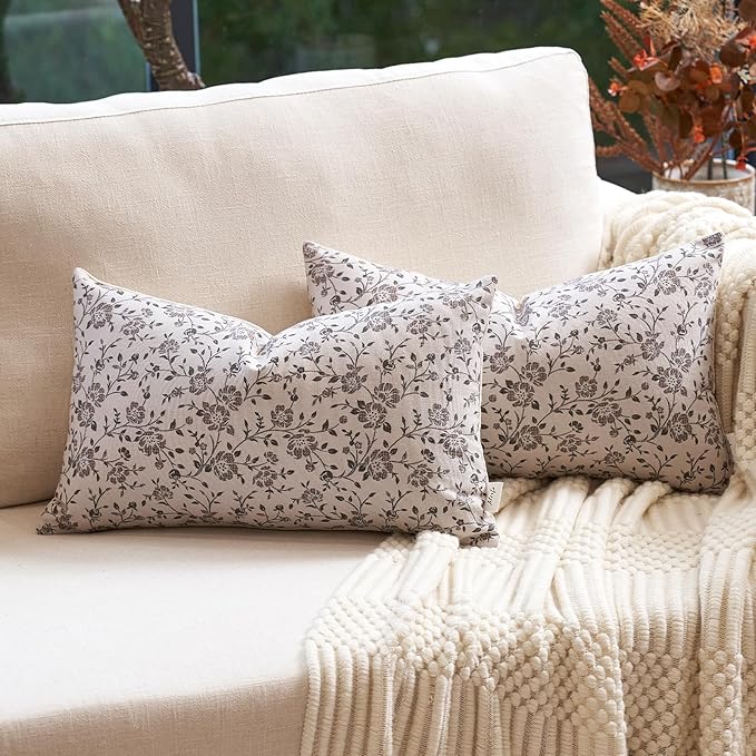 Alerfa Set of 2 Floral Lumbar Pillow Covers 12x20, Vintage Block Print Throw Pillow Covers Decorative Farmhouse Accent Couch Pillows for Living Room Bedroom, Haze Green