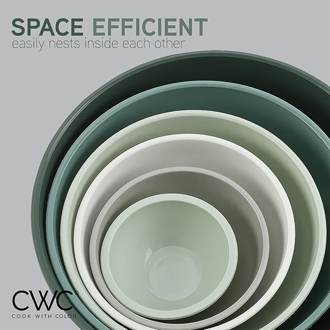 COOK WITH COLOR Mixing Bowls with Lids - 12 Piece Plastic Nesting Bowls Set includes 6 Prep Bowls and 6 Lids, Non Slip Bottom and Embossed Design - Microwave Safe (Sage)