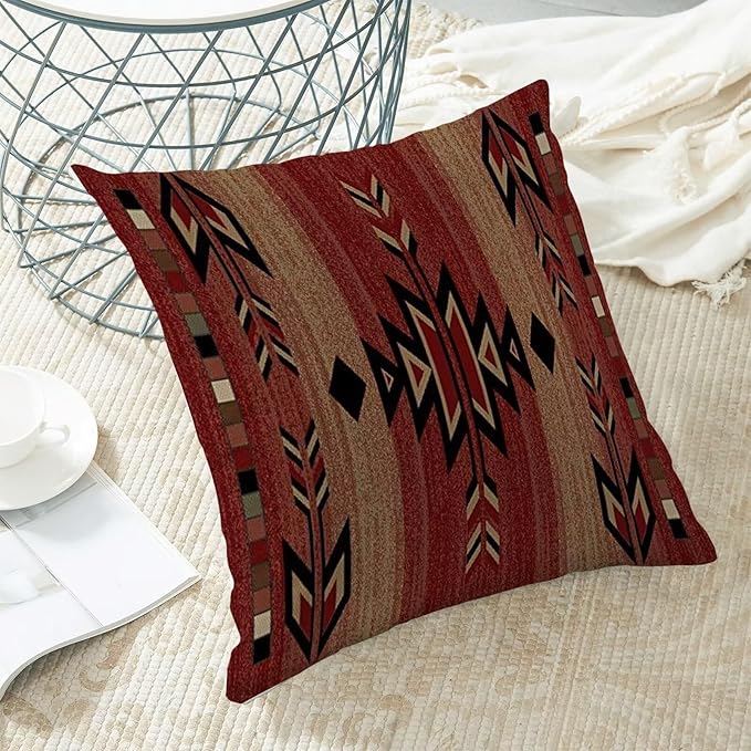 Boho Red Carpet Throw Pillow Covers 18x18 Inch Set of 2, Rustic Tribal Decorative Throw Pillow Covers Antique Red Linen Outdoor Cushion Cover for Sofa Couch Farmhouse Room Bed Decor