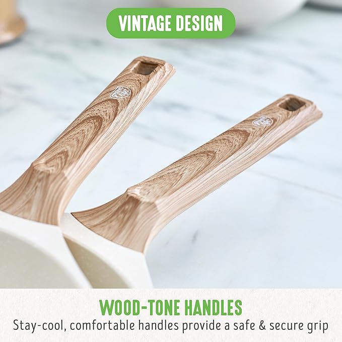 GreenLife Nonstick 2 Piece Frying Pan Set, 9.5" & 11" Skillets Ceramic PFAS-Free Nontoxic, Induction Suitable, Wood Print Handles, Stay-Cool Handles, Deep Cooking Skillets, Egg Pan, Granite Cream