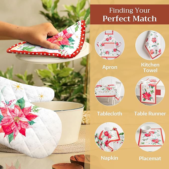 Maison d' Hermine Oven Gloves 100% Cotton Oven Mitt 7" x 13" with Loop Heat Resistant Cooking Gloves for Thanksgiving Christmas Decorations Baking Handling Hot Pans (Pack of 1, Poinsettia Christmas)