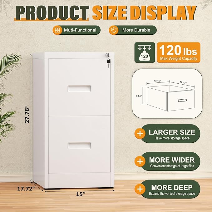 Greenvelly 2 Drawer Metal File Cabinet with Lock, White Vertical Filing Cabinet for Home Office, Lockable Metal File Cabinet for Hanging Letter/Legal Folders, Easy Assemble