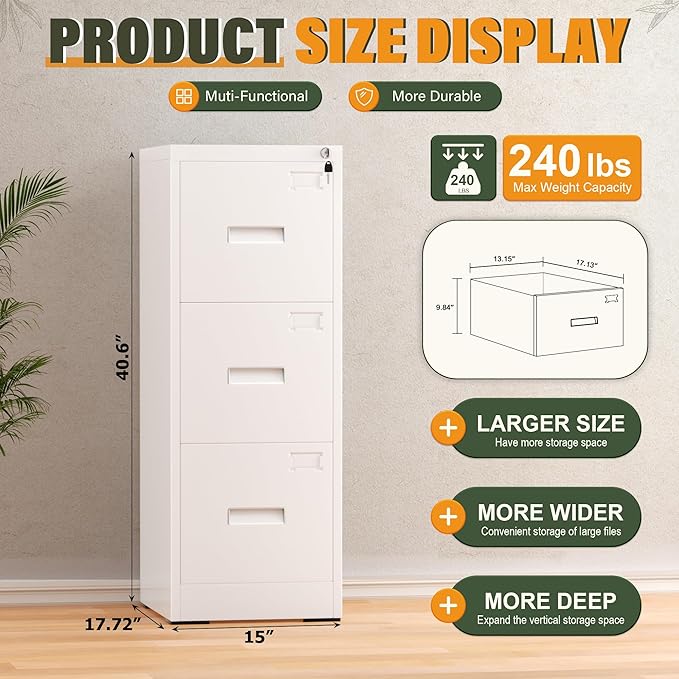 Greenvelly 3 Drawer File Cabinet with Lock, Black Metal Vertical Filing Cabinet for Home Office Fit Legal/Letter/A4/F4 Size with Hanging Bars&Key