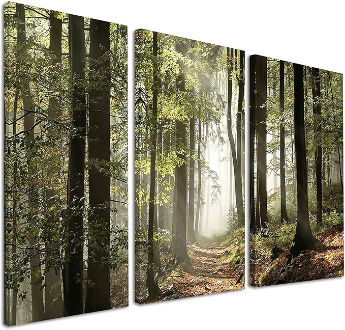 Designart Oversized Canvas Wall Art Décor - Green Fall Forest with Sun Rays - Forest Nature Wall Art Decor Sunshine Through Forest and Road Canvas Pictures - 36" x 28"