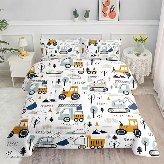 Kids Cartoon Excavator Bedding Set - Construction Truck Bulldozer Tree Pattern Comforter Set with 2 Pillowcases and 1 Comforter (Queen Size)