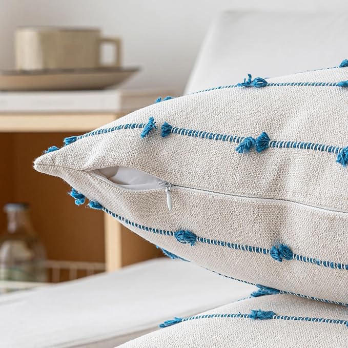 Boho Throw Pillow Covers 26x26 Set of 2 Modern Farmhouse Decorative Cushion Case Tufted Square Pillows Cover Neutral Pillow Cases Accent Pillowcase for Sofa,Couch,Bed,Beige and Blue