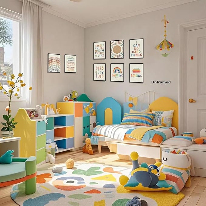 Baby Alphabet Wall Art Set of 9, 1 2 3 number Rainbow Canvas Posters Prints, Kids ABC Positive Affirmation Wall Decor Paintings for Kids Room Nursery Bedroom Home Decor 8x10In Unframed