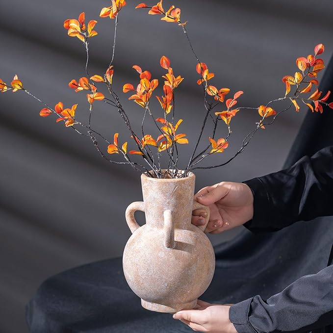 Beige Vintage Terracotta Ceramic Vase with Handles, Rustic Pottery Tulip Vase for Cottage Core Home Mantle Decor, Large Bulk Flower Vases Farmhouse Table Centerpieces, Jarrones Decorativos para Sala