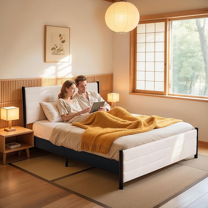 Hokway Bed Frame Upholstered Platform Bed with Headboard Wooden Slat Support No Box Spring Needed(Queen, Beige)