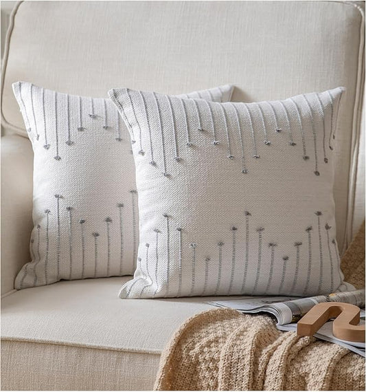 Caflife Boho Throw Pillow Covers 22x22 Set of 2 Decorative Pillows for Bed, Neutral Pillow Covers Beige with Grey Line Throw Pillows for Modern Farmhouse Couch Sofa Living Room Outdoor