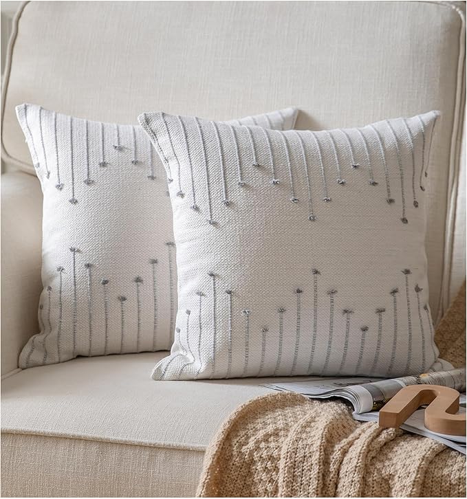Caflife Boho Throw Pillow Covers 24x24 Set of 2 Decorative Pillows for Bed, Neutral Pillow Covers Beige with Grey Line Throw Pillows for Modern Farmhouse Couch Sofa Living Room Outdoor