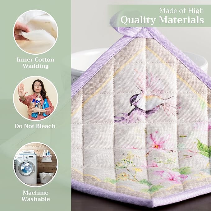 Maison d' Hermine Pot Holders 100% Cotton Heat Resistant Potholders 8" x 8" Hot Pads with Loop BBQ, Cooking, Baking, Grilling, Kitchen, Handling Hot Pans Spring/Summer (Pack of 1, Magnolia Mornings)