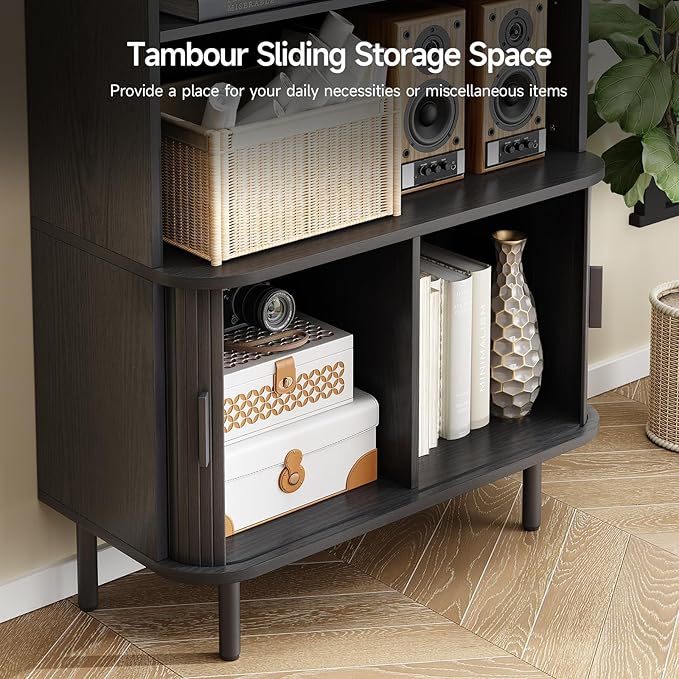 71" Tall Bookshelf, 4-Tier Bookcase with Storage Cabinet & Adjustable Shelves, Floor Standing Wooden Bookshelf with Sliding Door and Adjustable Footpad, for Home Office, Living Room, Black