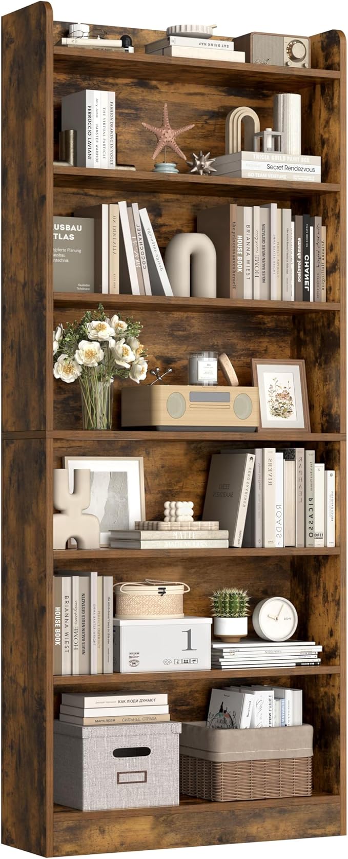 Yaheetech 7-Tier Open Bookcase and Bookshelf, Modern Simple Floor Standing Display Storage Shelves with Top Open Compartment for Home Office, Living Room, Bed Room - Rustic Brown