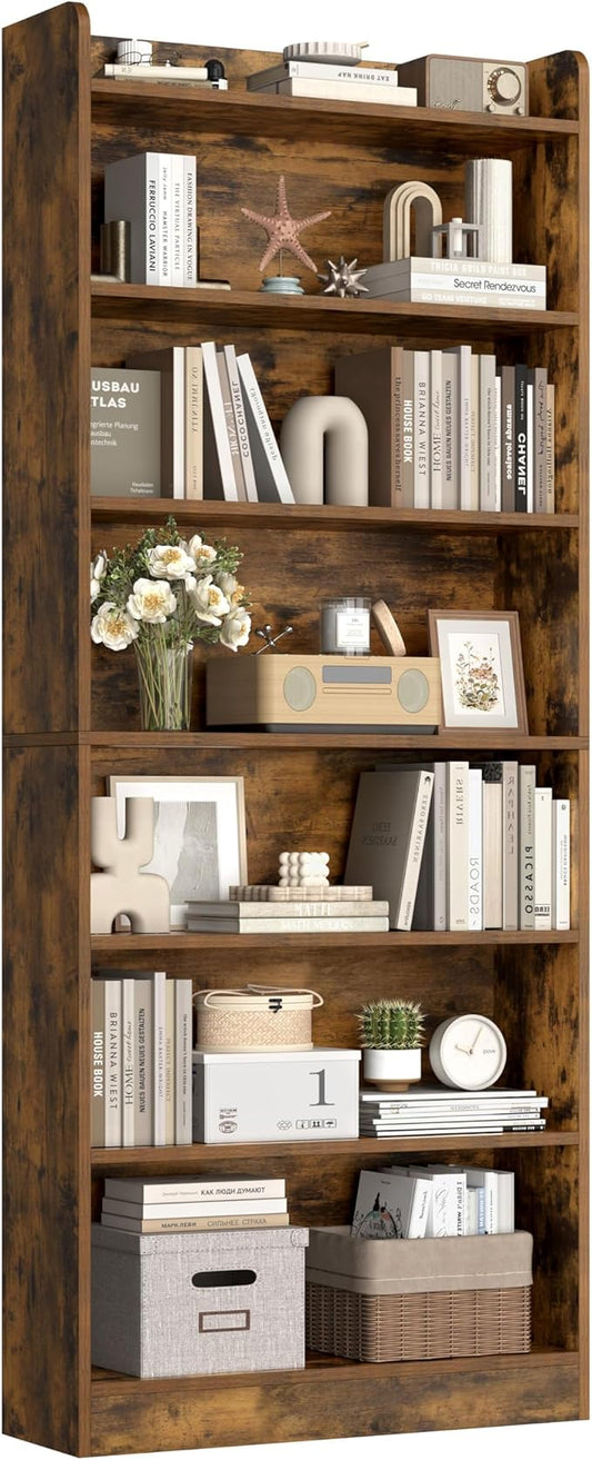 Yaheetech 7-Tier Open Bookcase and Bookshelf, Modern Simple Floor Standing Display Storage Shelves with Top Open Compartment for Home Office, Living Room, Bed Room - Rustic Brown
