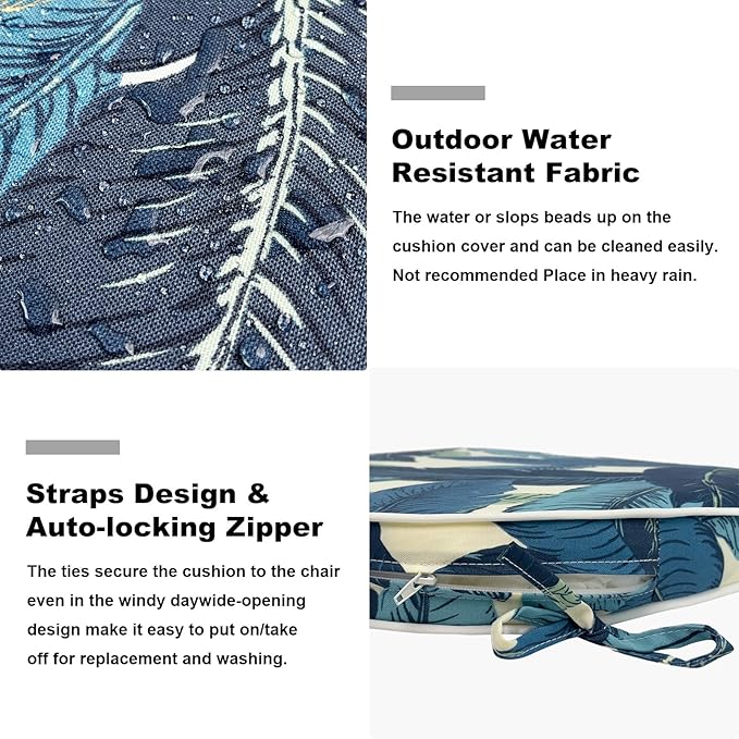 Set of 2 Outdoor Chair Cushions 19"x19"x2",Water Repellent Patio Seat Cushion with Ties and Removable Covers,Dining Chair Cushions for Indoor Kitchen and Patio Furniture,Swaying Palms Blue