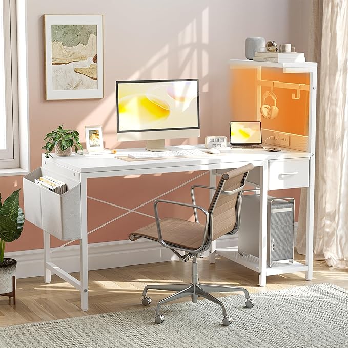 TIQLAB Gaming Desk 40 inch with Power Outlet and LED Light, Computer Desk with Reversible Shelves and Storage Drawer, Small PC Desk for Home Office Table with Bag, Carbon Fiber White