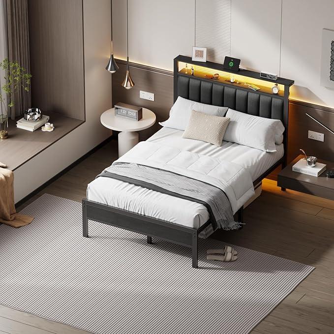 Furnulem Full Size Bed Frame with Charging Station and LED Lights, Platform Bed with Metal Slats, Grey Upholstered Headboard with 2-Tier Storage Shelves, No Box Spring Needed