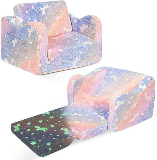 Kids Couch for Toddlers, 2-in-1 Kids Sofa Chair Glow in The Dark, Comfy Soft Foldable Toddler Couch Chair for Girls and Boys