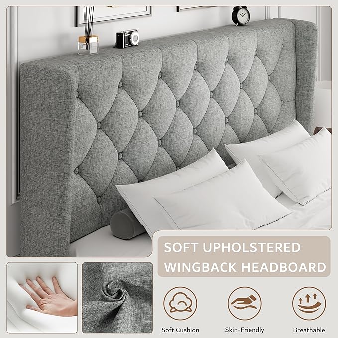 iPormis Full Size Platform Bed Frame with Button Tufted Headboard, Upholstered Bed Frame with Solid Wooden Slats, 8" Underbed Space, No Box Spring Needed, Noise Free, Easy Assembly, Light Gray